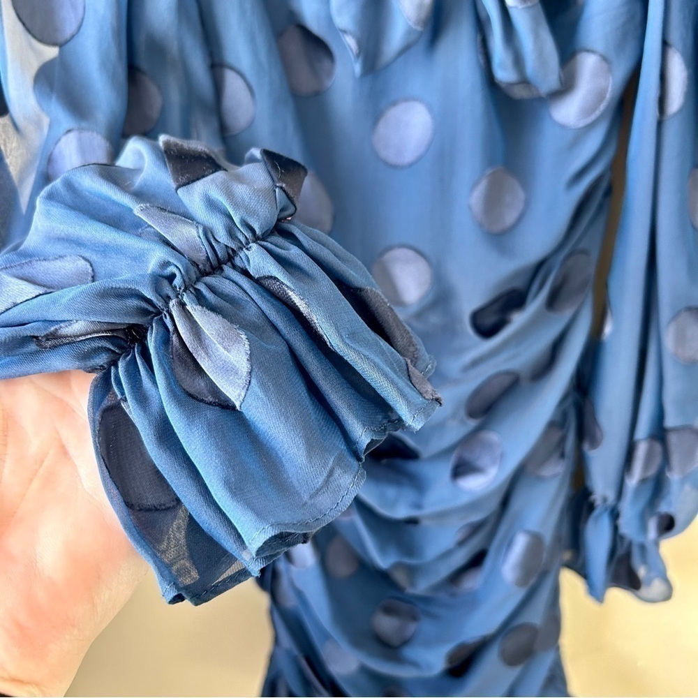 For Love And Lemons Lula Mini Dress Ruched Ruffle Navy Blue Dot Long Sleeve XS - Picture 8 of 16